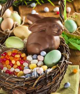 Easter Basket with chocolate bunny and candy