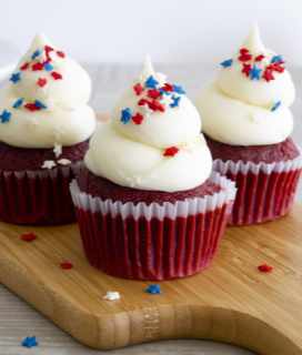 Photo of three Red Velvet Cupcakes with sprinkles