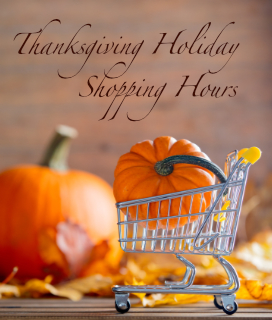 Thanksgiving Holiday Shopping Hours sign with tiny shopping cart and pumpkins