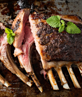 Photo of rack of lamb reminding you to Order Your Winter Holiday Meats