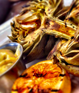Photo of Grilled Artichokes and Lemons on a serving platter
