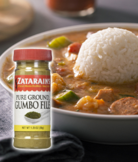 Photo of Zatarain's Gumbo Filé with a bowl of gumbo and rice. 
