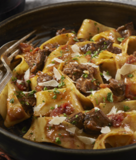 A hearty plate of Coffee-Braised Short Rib Pasta