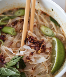 Photo of Snapdragon Pho Bowls with lime, chile crunch and basil